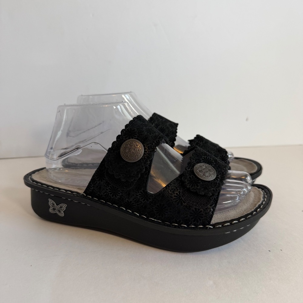 Alegria Black Leather Comfort Slides Floral EU 38 US 7.5‎ Casual Sandals